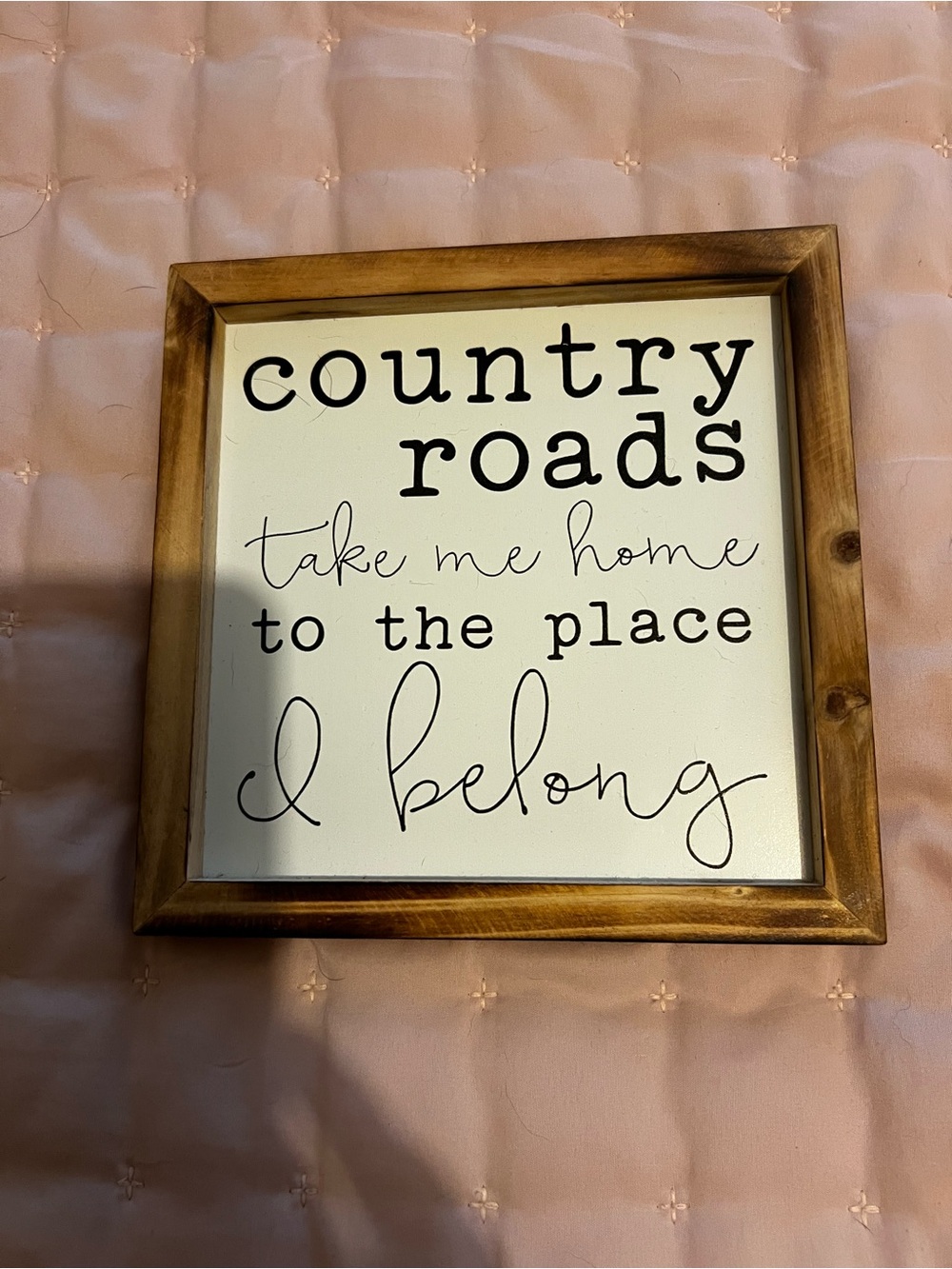 Rustic Wood-Framed "Country Roads" Wall Sign - White and Brown